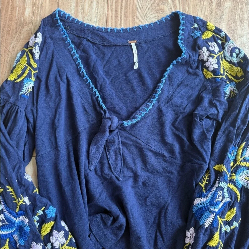 Free People Kara Blue Embroidered Floral Long Sleeve Top